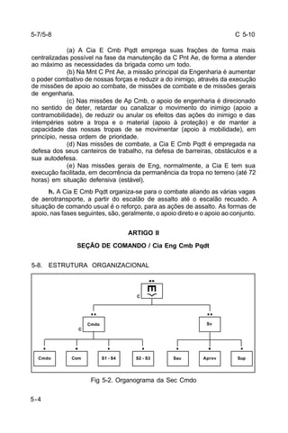 C 5-10 
5-4 
(a) A Cia E Cmb Pqdt emprega suas frações de forma mais 
centralizadas possível na fase da manutenção da C Pnt Ae, de forma a atender 
ao máximo as necessidades da brigada como um todo. 
(b) Na Mnt C Pnt Ae, a missão principal da Engenharia é aumentar 
o poder combativo de nossas forças e reduzir a do inimigo, através da execução 
de missões de apoio ao combate, de missões de combate e de missões gerais 
de engenharia. 
(c) Nas missões de Ap Cmb, o apoio de engenharia é direcionado 
no sentido de deter, retardar ou canalizar o movimento do inimigo (apoio a 
contramobilidade), de reduzir ou anular os efeitos das ações do inimigo e das 
intempéries sobre a tropa e o material (apoio à proteção) e de manter a 
capacidade das nossas tropas de se movimentar (apoio à mobilidade), em 
princípio, nessa ordem de prioridade. 
(d) Nas missões de combate, a Cia E Cmb Pqdt é empregada na 
defesa dos seus canteiros de trabalho, na defesa de barreiras, obstáculos e a 
sua autodefesa. 
(e) Nas missões gerais de Eng, normalmente, a Cia E tem sua 
execução facilitada, em decorrência da permanência da tropa no terreno (até 72 
horas) em situação defensiva (estável). 
h. A Cia E Cmb Pqdt organiza-se para o combate aliando as várias vagas 
de aerotransporte, a partir do escalão de assalto até o escalão recuado. A 
situação de comando usual é o reforço, para as ações de assalto. As formas de 
apoio, nas fases seguintes, são, geralmente, o apoio direto e o apoio ao conjunto. 
ARTIGO II 
SEÇÃO DE COMANDO / Cia Eng Cmb Pqdt 
5-8. ESTRUTURA ORGANIZACIONAL 
Fig 5-2. Organograma da Sec Cmdo 
5-7/5-8 
E 
Cmdo 
C 
C 
Sv 
Cmdo Com S1 - S4 S2 - S3 Sau Aprov Sup 
 
