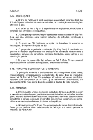 C 5-10 
6-14/6-16 
6-14. ATRIBUIÇÕES 
6-6 
a. O Cmt do Pel E Ap Sl será o principal responsável, perante o Cmt Cia 
E Cmb Sl pelos trabalhos técnicos de estradas, de construção e de instalações 
atinentes à Bda. 
b. O SCmt do Pel E Ap Sl é especialista em explosivos, destruições e 
emprego das atividades subaquáticas. 
c. O Gp Eqp Eng é constituído por operadores especializados em Eqp Pes 
Eng, que são utilizados para realizar trabalhos de estradas, construção e 
instalações. 
d. O grupo de CB destina-se a apoiar os trabalhos de estradas e 
instalações, a cargo das frações da SU. 
e. O grupo de engenharia construção (Gp Eng Cnst) é mobiliado por 
pessoal e material especializado na execução de atividades relacionadas à 
instalações: serviços de carpintaria, bombeiro hidráulico, solda elétrica e de 
construção predial. 
f. O grupo de apoio (Gp Ap) reforça os Pel E Cmb Sl com pessoal 
especializado em trabalhos subaquáticos, armadilhas e minas. 
6-15. PRINCIPAIS EQUIPAMENTOS E MATERIAIS 
Os principais materiais e equipamentos são: carregadeira sobre rodas; 
motoniveladora; retroescavadeira; penetrômetro de cone; Eqp de mergulho; 
sonar; Vtr ¾ Ton; Vtr 5 Ton; Vtr guindaste; Vtr oficina; Vtr cavalo mecânico; 
reboque com compressor de ar com Cj de ferramentas pneumáticas; Vtr 
basculante; GPS; moto-serra; Eqp de sapador; e óculos de visão noturna. 
6-16. EMPREGO 
a. O Pel E Ap Sl é um dos elementos executivos da Cia E, podendo receber 
e executar missões de apoio, particularmente de trabalhos de estradas, instala-ções, 
abertura de brechas em obstáculos, lançamento de minas, desativação de 
armadilhas e cargas explosivas preparadas pelo inimigo, lançamento de arma-dilhas 
e de destruição diversas, inclusive subaquáticas. 
b. Normalmente o Pel E Ap Sl é empregado de forma descentralizada. 
Seus grupos podem atuar isoladamente ou reforçar em meios (pessoal e 
material) os Pel E Cmb. 
 