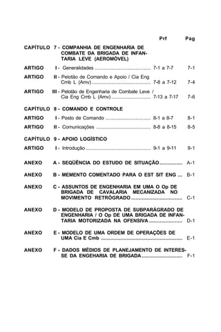 Prf Pag 
CAPÍTULO 7 - COMPANHIA DE ENGENHARIA DE 
COMBATE DA BRIGADA DE INFAN-TARIA 
LEVE (AEROMÓVEL) 
ARTIGO I - Generalidades ..................................... 7-1 a 7-7 7-1 
ARTIGO II - Pelotão de Comando e Apoio / Cia Eng 
Cmb L (Amv) ....................................... 7-8 a 7-12 7-4 
ARTIGO III - Pelotão de Engenharia de Combate Leve / 
Cia Eng Cmb L (Amv) .......................... 7-13 a 7-17 7-6 
CAPÍTULO 8 - COMANDO E CONTROLE 
ARTIGO I - Posto de Comando .............................. 8-1 a 8-7 8-1 
ARTIGO II - Comunicações .................................... 8-8 a 8-15 8-5 
CAPÍTULO 9 - APOIO LOGÍSTICO 
ARTIGO I - Introdução ........................................... 9-1 a 9-11 9-1 
ANEXO A - SEQÜÊNCIA DO ESTUDO DE SITUAÇÃO............... A-1 
ANEXO B - MEMENTO COMENTADO PARA O EST SIT ENG ... B-1 
ANEXO C - ASSUNTOS DE ENGENHARIA EM UMA O Op DE 
BRIGADA DE CAVALARIA MECANIZADA NO 
MOVIMENTO RETRÓGRADO.................................. C-1 
ANEXO D - MODELO DE PROPOSTA DE SUBPARÁGRADO DE 
ENGENHARIA / O Op DE UMA BRIGADA DE INFAN-TARIA 
MOTORIZADA NA OFENSIVA ...................... D-1 
ANEXO E - MODELO DE UMA ORDEM DE OPERAÇÕES DE 
UMA Cia E Cmb ...................................................... E-1 
ANEXO F - DADOS MÉDIOS DE PLANEJAMENTO DE INTERES-SE 
DA ENGEHARIA DE BRIGADA........................... F-1 
 