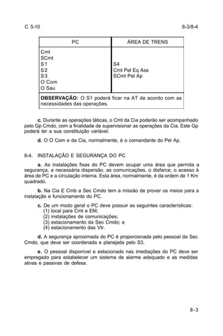 8-3/8-4 
8-3 
C 5-10 
PC ÁREA DE TRENS 
Cmt 
SCmt 
S1 
S2 
S3 
O Com 
O Sau 
S4 
Cmt Pel Eq Ass 
SCmt Pel Ap 
OBSERVAÇÃO: O S1 poderá ficar na AT de acordo com as 
necessidades das operações. 
c. Durante as operações táticas, o Cmt da Cia poderão ser acompanhado 
pelo Gp Cmdo, com a finalidade de supervisionar as operações da Cia. Este Gp 
poderá ter a sua constituição variável. 
d. O O Com e da Cia, normalmente, é o comandante do Pel Ap. 
8-4. INSTALAÇÃO E SEGURANÇA DO PC 
a. As instalações fixas do PC devem ocupar uma área que permita a 
segurança, a necessária dispersão, as comunicações, o disfarce, o acesso à 
área de PC e a circulação interna. Esta área, normalmente, é da ordem de 1 Km 
quadrado. 
b. Na Cia E Cmb a Sec Cmdo tem a missão de prover os meios para a 
instalação e funcionamento do PC. 
c. De um modo geral o PC deve possuir as seguintes características: 
(1) local para Cmt e EM; 
(2) instalações de comunicações; 
(3) estacionamento da Sec Cmdo; e 
(4) estacionamento das Vtr. 
d. A segurança aproximada do PC é proporcionada pelo pessoal da Sec 
Cmdo, que deve ser coordenada e planejada pelo S3. 
e. O pessoal disponível e estacionado nas imediações do PC deve ser 
empregado para estabelecer um sistema de alarme adequado e as medidas 
ativas e passivas de defesa. 
 