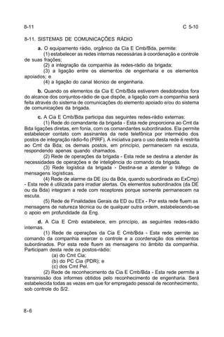 C 5-10 
8-11 
8-11. SISTEMAS DE COMUNICAÇÕES RÁDIO 
8-6 
a. O equipamento rádio, orgânico da Cia E Cmb/Bda, permite: 
(1) estabelecer as redes internas necessárias à coordenação e controle 
de suas frações; 
(2) a integração da companhia às redes-rádio da brigada; 
(3) a ligação entre os elementos de engenharia e os elementos 
apoiados; e 
(4) a ligação do canal técnico de engenharia. 
b. Quando os elementos da Cia E Cmb/Bda estiverem desdobrados fora 
do alcance dos conjuntos-rádio de que dispõe, a ligação com a companhia será 
feita através do sistema de comunicações do elemento apoiado e/ou do sistema 
de comunicações da brigada. 
c. A Cia E Cmb/Bda participa das seguintes redes-rádio externas: 
(1) Rede do comandante da brigada - Esta rede proporciona ao Cmt da 
Bda ligações diretas, em fonia, com os comandantes subordinados. Ela permite 
estabelecer contato com assinantes da rede telefônica por intermédio dos 
postos de integração rádio-fio (PIRF). A iniciativa para o uso desta rede é restrita 
ao Cmt da Bda; os demais postos, em princípio, permanecem na escuta, 
respondendo apenas quando chamados. 
(2) Rede de operações da brigada - Esta rede se destina a atender às 
necessidades de operações e de inteligência do comando da brigada. 
(3) Rede logística da brigada - Destina-se a atender o tráfego de 
mensagens logísticas. 
(4) Rede de alarme da DE (ou da Bda, quando subordinada ao ExCmp) 
- Esta rede é utilizada para irradiar alertas. Os elementos subordinados (da DE 
ou da Bda) integram a rede com receptores porque somente permanecem na 
escuta. 
(5) Rede de Finalidades Gerais da ED ou EEx - Por esta rede fluem as 
mensagens de natureza técnica ou de qualquer outra ordem, estabelecendo-se 
o apoio em profundidade da Eng. 
d. A Cia E Cmb estabelece, em princípio, as seguintes redes-rádio 
internas. 
(1) Rede de operações da Cia E Cmb/Bda - Esta rede permite ao 
comando da companhia exercer o controle e a coordenação dos elementos 
subordinados. Por esta rede fluem as mensagens no âmbito da companhia. 
Participam desta rede os postos-rádio: 
(a) do Cmt Cia; 
(b) do PC Cia (PDR); e 
(c) dos Cmt Pel. 
(2) Rede de reconhecimento da Cia E Cmb/Bda - Esta rede permite a 
transmissão dos informes obtidos pelo reconhecimento de engenharia. Será 
estabelecida todas as vezes em que for empregado pessoal de reconhecimento, 
sob controle do S/2. 
 