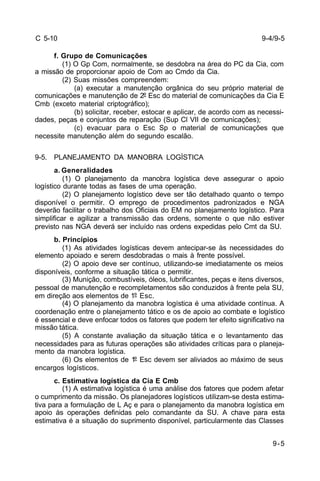 9-4/9-5 
9-5 
C 5-10 
f. Grupo de Comunicações 
(1) O Gp Com, normalmente, se desdobra na área do PC da Cia, com 
a missão de proporcionar apoio de Com ao Cmdo da Cia. 
(2) Suas missões compreendem: 
(a) executar a manutenção orgânica do seu próprio material de 
comunicações e manutenção de 2º Esc do material de comunicações da Cia E 
Cmb (exceto material criptográfico); 
(b) solicitar, receber, estocar e aplicar, de acordo com as necessi-dades, 
peças e conjuntos de reparação (Sup Cl VII de comunicações); 
(c) evacuar para o Esc Sp o material de comunicações que 
necessite manutenção além do segundo escalão. 
9-5. PLANEJAMENTO DA MANOBRA LOGÍSTICA 
a. Generalidades 
(1) O planejamento da manobra logística deve assegurar o apoio 
logístico durante todas as fases de uma operação. 
(2) O planejamento logístico deve ser tão detalhado quanto o tempo 
disponível o permitir. O emprego de procedimentos padronizados e NGA 
deverão facilitar o trabalho dos Oficiais do EM no planejamento logístico. Para 
simplificar e agilizar a transmissão das ordens, somente o que não estiver 
previsto nas NGA deverá ser incluído nas ordens expedidas pelo Cmt da SU. 
b. Princípios 
(1) As atividades logísticas devem antecipar-se às necessidades do 
elemento apoiado e serem desdobradas o mais à frente possível. 
(2) O apoio deve ser contínuo, utilizando-se imediatamente os meios 
disponíveis, conforme a situação tática o permitir. 
(3) Munição, combustíveis, óleos, lubrificantes, peças e itens diversos, 
pessoal de manutenção e recompletamentos são conduzidos à frente pela SU, 
em direção aos elementos de 1º Esc. 
(4) O planejamento da manobra logística é uma atividade contínua. A 
coordenação entre o planejamento tático e os de apoio ao combate e logístico 
é essencial e deve enfocar todos os fatores que podem ter efeito significativo na 
missão tática. 
(5) A constante avaliação da situação tática e o levantamento das 
necessidades para as futuras operações são atividades críticas para o planeja-mento 
da manobra logística. 
(6) Os elementos de 1º Esc devem ser aliviados ao máximo de seus 
encargos logísticos. 
c. Estimativa logística da Cia E Cmb 
(1) A estimativa logística é uma análise dos fatores que podem afetar 
o cumprimento da missão. Os planejadores logísticos utilizam-se desta estima-tiva 
para a formulação de L Aç e para o planejamento da manobra logística em 
apoio às operações definidas pelo comandante da SU. A chave para esta 
estimativa é a situação do suprimento disponível, particularmente das Classes 
 