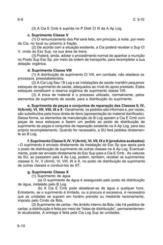 C 5-10 
9-9 
9-10 
(3) A Cia E Cmb é suprida no P Distr Cl III da A Ap Log. 
c. Suprimento Classe V 
(1) O remuniciamento dos Pel será feito, em princípio, à noite, por meio 
da Cia, no local ou próximo à fração. 
(2) De acordo com a situação existente, a Cia poderá receber o Sup Cl 
V, vindo do Esc Sup, na sua área de trens. 
(3) Poderá, ainda, adotar o procedimento normal de apanhar a munição 
no Posto Sup Esc Sp, por meio da ordem de transporte, para recompletar a sua 
dotação orgânica. 
d. Suprimento Classe VIII 
(1) A distribuição de suprimento Cl VIII, em combate, não obedece os 
processos preestabelecidos. 
(2) A Cia Log Sau / B Log e as instalações de saúde mantêm pequenos 
estoques de suprimento de saúde, adequados ao nível do apoio prestado. Estes 
estoques constituem a reserva orgânica de suprimento classe VIII. 
(3) A troca de material é o processo utilizado, normalmente, pelos 
elementos de suprimento de saúde, para a distribuição do suprimento. 
e. Suprimento de peças e conjuntos de reparação das Classes II, IV, 
V(Armt), VI, VII, VIII, IX e X - Geralmente, os pedidos são informais e, por vezes, 
são substituídos pela troca direta de itens (apresentação do material danificado). 
Dessa forma, os elementos de manutenção do B Log apoiam a Cia E Cmb com 
peças de seus estoques e fazem um pedido ao posto de distribuição de 
suprimento de peças e conjuntos de reparação existente na A Ap Log, para seu 
próprio recompletamento. Quando for necessário, a SU fará pedidos diretamen-te 
ao B Log. 
f. Suprimento Classe II, IV, V (Armt), VI, VII, IX e X (produtos acabados) 
- O suprimento é enviado diretamente da instalação do Esc Sp que apoia para 
o posto de distribuição de suprimento de outras classes na A Ap Log. Eventual-mente, 
pode ser enviado diretamente do Esc Sup para a Cia E Cmb . As viaturas 
da SU, ao passarem pela A Ap Log, podem, também, receber os suprimentos 
classes II, IV, V (Armt), VI, VIII, IX e X, no posto de distribuição de suprimento 
de outras classes e conduzi-los às AT. 
g. Suprimento Classe X 
(1) Suprimento de água 
(a) O suprimento de água é assegurado pelo posto de distribuição 
de água, instalado pelo B Log. 
(b) A Cia E Cmb pode abastecer-se de água a qualquer hora. 
Entretanto, se o suprimento é limitado, ou a procura é excessiva, é necessário 
que as unidades se supram em horário previsto ou mediante racionamento, 
imposto pelo Cmdo da Bda. 
(2) Suprimento de cartas - No âmbito interno da Bda, não há pedidos de 
cartas; a distribuição é feita por meio de “listas de distribuição”, permanentemen-te 
atualizadas. A entrega é feita pela Cia Log Sup às unidades. 
 