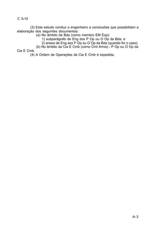 A-3 
C 5-10 
(3) Este estudo conduz o engenheiro a conclusões que possibilitam a 
elaboração dos seguintes documentos: 
(a) No âmbito da Bda (como membro EM Esp): 
1) subparágrafo de Eng dos P Op ou O Op da Bda; e 
2) anexo de Eng aos P Op ou O Op da Bda (quando for o caso). 
(b) No âmbito da Cia E Cmb (como Cmt Arma) - P Op ou O Op da 
Cia E Cmb. 
(4) A Ordem de Operações da Cia E Cmb é expedida. 
 