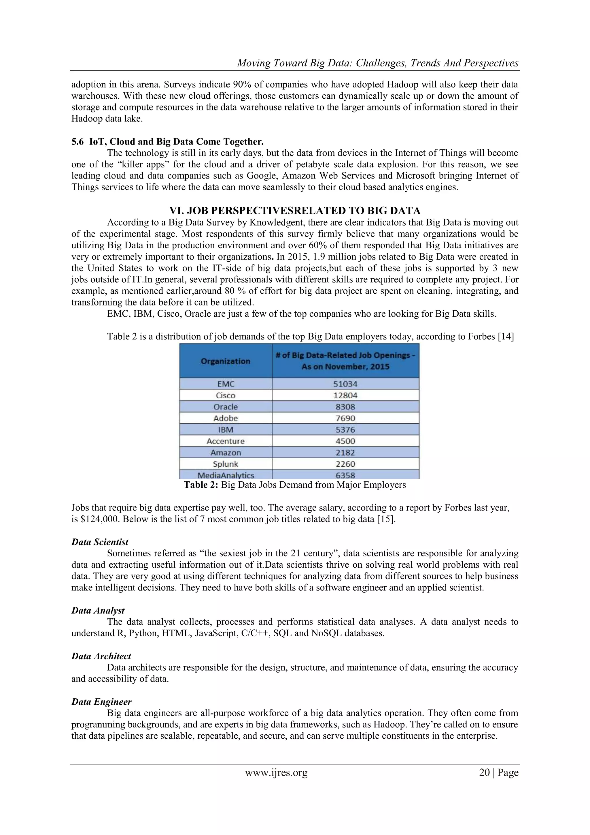 Moving Toward Big Data: Challenges, Trends And Perspectives
www.ijres.org 20 | Page
adoption in this arena. Surveys indicate 90% of companies who have adopted Hadoop will also keep their data
warehouses. With these new cloud offerings, those customers can dynamically scale up or down the amount of
storage and compute resources in the data warehouse relative to the larger amounts of information stored in their
Hadoop data lake.
5.6 IoT, Cloud and Big Data Come Together.
The technology is still in its early days, but the data from devices in the Internet of Things will become
one of the “killer apps” for the cloud and a driver of petabyte scale data explosion. For this reason, we see
leading cloud and data companies such as Google, Amazon Web Services and Microsoft bringing Internet of
Things services to life where the data can move seamlessly to their cloud based analytics engines.
VI. JOB PERSPECTIVESRELATED TO BIG DATA
According to a Big Data Survey by Knowledgent, there are clear indicators that Big Data is moving out
of the experimental stage. Most respondents of this survey firmly believe that many organizations would be
utilizing Big Data in the production environment and over 60% of them responded that Big Data initiatives are
very or extremely important to their organizations. In 2015, 1.9 million jobs related to Big Data were created in
the United States to work on the IT-side of big data projects,but each of these jobs is supported by 3 new
jobs outside of IT.In general, several professionals with different skills are required to complete any project. For
example, as mentioned earlier,around 80 % of effort for big data project are spent on cleaning, integrating, and
transforming the data before it can be utilized.
EMC, IBM, Cisco, Oracle are just a few of the top companies who are looking for Big Data skills.
Table 2 is a distribution of job demands of the top Big Data employers today, according to Forbes [14]
Table 2: Big Data Jobs Demand from Major Employers
Jobs that require big data expertise pay well, too. The average salary, according to a report by Forbes last year,
is $124,000. Below is the list of 7 most common job titles related to big data [15].
Data Scientist
Sometimes referred as “the sexiest job in the 21 century”, data scientists are responsible for analyzing
data and extracting useful information out of it.Data scientists thrive on solving real world problems with real
data. They are very good at using different techniques for analyzing data from different sources to help business
make intelligent decisions. They need to have both skills of a software engineer and an applied scientist.
Data Analyst
The data analyst collects, processes and performs statistical data analyses. A data analyst needs to
understand R, Python, HTML, JavaScript, C/C++, SQL and NoSQL databases.
Data Architect
Data architects are responsible for the design, structure, and maintenance of data, ensuring the accuracy
and accessibility of data.
Data Engineer
Big data engineers are all-purpose workforce of a big data analytics operation. They often come from
programming backgrounds, and are experts in big data frameworks, such as Hadoop. They’re called on to ensure
that data pipelines are scalable, repeatable, and secure, and can serve multiple constituents in the enterprise.
 