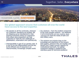 10 /10 /
OPENCorporate Communications – January 2014
Thisdocumentisnottobereproduced,modified,adapted,published,translatedinanymaterialforminwholeorinpartnordisclosedtoanythirdparty
withoutthepriorwrittenpermissionofThales.©THALES2013–Allrightsreserved.
10 /10 /
Our global approach ensures that customers all over the world
have access to the best expertise.
TOGETHER, SAFER, EVERYWHERE
● We operate on all five continents, wherever
our customers' operations are located. We
are stepping up our development in fast-
growing economies where our experience
and unique value proposition can help
customers to meet the new challenges of
globalisation, urbanisation and cybersecurity.
● Interoperability is part of our genetic code. It
is one of our key differentiators and the key
to the efficient use of resources in an
interconnected, increasingly complex world.
● Our solutions – from the smallest component
to the most complex systems – are deployed
in all environments (air, land, maritime, space,
cyberspace) to meet the needs of both civil
and military users.
● The solutions we propose draw on the
knowledge and experience of the Group's
best experts, wherever they are located, and
benefit from Thales's proven capacity for
multinational teamwork. Our global
investment strategy is shaped by this
relentless quest for technical excellence
Cedocumentnepeutêtrereproduit,modifié,adapté,publié,traduit,d'unequelconquefaçon,entoutoupartie,nidivulguéàuntierssansl'accordpréalable
etécritdeThales-©Thales2012TousDroitsréservés.
Together, Safer, Everywhere
 