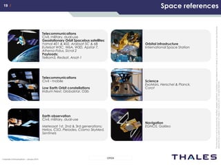 19 /19 /
OPENCorporate Communications – January 2014
Thisdocumentisnottobereproduced,modified,adapted,published,translatedinanymaterialforminwholeorinpartnordisclosedtoanythirdparty
withoutthepriorwrittenpermissionofThales.©THALES2013–Allrightsreserved.
Space references
Telecommunications
Civil - mobile
Low Earth Orbit constellations
Iridium Next, Globalstar, O3b
Earth observation
Civil, military, dual-use
Meteosat 1st, 2nd & 3rd generations;
Helios, CSO, Pleiades, Cosmo SkyMed,
Sentinels
Science
ExoMars, Herschel & Planck,
Corot
Orbital infrastructure
International Space Station
Navigation
EGNOS, Galileo
Telecommunications
Civil, military, dual-use
Geostationary Orbit Spacebus satellites:
Yamal 401 & 402, Arabsat 5C & 6B
Eutelsat W3C, W6A, W3D, Apstar 7,
Athena-Fidus, Sicral 2
Payloads:
Telkom3, Redsat, Arsat-1
 