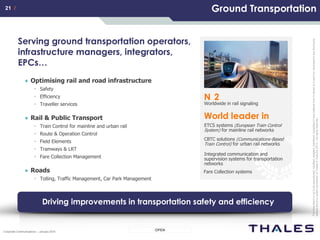 21 /21 /
OPENCorporate Communications – January 2014
Thisdocumentisnottobereproduced,modified,adapted,published,translatedinanymaterialforminwholeorinpartnordisclosedtoanythirdparty
withoutthepriorwrittenpermissionofThales.©THALES2013–Allrightsreserved.
Ground Transportation
Serving ground transportation operators,
infrastructure managers, integrators,
EPCs…
● Optimising rail and road infrastructure
• Safety
• Efficiency
• Traveller services
● Rail & Public Transport
• Train Control for mainline and urban rail
• Route & Operation Control
• Field Elements
• Tramways & LRT
• Fare Collection Management
● Roads
• Tolling, Traffic Management, Car Park Management
N 2
Worldwide in rail signaling
World leader in
ETCS systems (European Train Control
System) for mainline rail networks
CBTC solutions (Communications-Based
Train Control) for urban rail networks
Integrated communication and
supervision systems for transportation
networks
Driving improvements in transportation safety and efficiency
Fare Collection systems
 