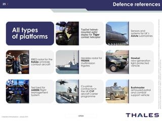 25 /25 /
OPENCorporate Communications – January 2014
Thisdocumentisnottobereproduced,modified,adapted,published,translatedinanymaterialforminwholeorinpartnordisclosedtoanythirdparty
withoutthepriorwrittenpermissionofThales.©THALES2013–Allrightsreserved.
TopOwl helmet-
mounted sight/
display for Tiger
combat helicopter
Defence references
RBE2 radar for the
Rafale omnirole
combat aircraft
All types
of platforms
Test bed for
A400M Flight
Management
System
Herakles radar for
FREMM
multimission
frigates
Co-prime
contractor in
the UK CVF
aircraft carrier
programme
Hawkei
new-generation
light protected
vehicle
Sensors and
systems for UK’s
Astute submarines
Bushmaster
armoured patrol
and combat
support vehicle
 