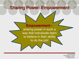 Copyright ©2009
South-Western, a division
of Cengage Learning
All rights reserved
Sharing Power: EmpowermentSharing Power: Empowerment
EmpowermentEmpowerment --
sharing power in such a
way that individuals learn
to believe in their ability
to do the job!
 