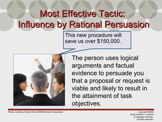 Copyright ©2009
South-Western, a division
of Cengage Learning
All rights reserved
Most Effective Tactic:Most Effective Tactic:
Influence by Rational PersuasionInfluence by Rational Persuasion
The person uses logical
arguments and factual
evidence to persuade you
that a proposal or request is
viable and likely to result in
the attainment of task
objectives.
This new procedure will
save us over $150,000.
Photos courtesy of Clips Online ©2008 Microsoft Corporation
 