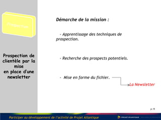 p.15
Démarche de la mission :
- Apprentissage des techniques de
prospection.
- Recherche des prospects potentiels.
- Mise en forme du fichier.
La Newsletter
Prospection de
clientèle par la
mise
en place d’une
newsletter
Participer au développement de l’activité de Projet Atlantique
 