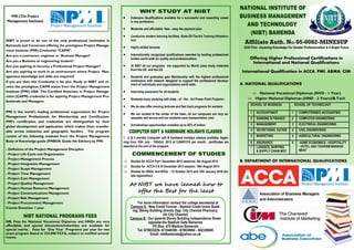 PMI (The Project
Management Institute)
NIBT is proud to be one of the only professional institution in
Bamenda and Cameroon offering the prestigious Project Manage-
ment Institute (PMI) Credential “CAPM”.
Are you a contractor, engineer or Business Manager?
Are you a Business or engineering student?
Are you aspiring to become a Professional Project Manager?
Are you aspiring to work in an environment where Project Man-
agement knowledge and skills are required?
If you are then this Credential is for you. Study at NIBT and re-
ceive the prestigious CAPM status from the Project Management
Institute (PMI) USA. The Certified Associate in Project Manage-
ment (CAPM) credential is for aspiring Project Management Pro-
fessionals and Managers.
PMI is the world’s leading professional organization for Project
Management Professionals for Membership and Certification.
PMI’s certification and credentials are distinguished by their
global development and application, which makes them transfer-
able across industries and geographic borders. The program
consist of the following modules from the Project Management
Body of Knowledge guide (PMBOK Guide 4th Edition) by PMI:
- Definition of the Project Management Discipline
- Project Life Cycle and Organization
- Project Management Process
- Project Integration Management
- Project Scope Management
- Project Time Management
- Project Cost Management
- Project Quality Management
- Project Human Resource Management
- Project Communications Management
- Project Risk Management
- Project Procurement Management
Course Duration: 1 year
NB: Fees for National Vocational Diplomas and HNDs are very
affordable and special discounts/scholarships are available for
special merits. Fees for One Year Programs/ per year for two
years program Stand at 225,000 FCFA, subject to notified amend-
ments.
 Extensive Qualifications available for a successful and rewarding career
in any profession.
 Moderate and affordable fees - easy fee payment plan
 Conducive modern learning facilities, State-Of-The-Art Training Infrastruc-
ture
 Highly skilled lectures
 Internationally recognized qualifications awarded by leading professional
bodies world wide for quality and professionalism.
 At NIBT all our programs are supported by World class study materials
from the UK and the US.
 Students and graduates gain Membership with the highest professional
institutions with network designed to support the professional develop-
ment of individuals and organizations world wide.
 Internship placement for all students
 Students enjoy studying with state - of - the - Art Power Point Projector .
 We do also offer evening lectures and fast track programs for workers
 We are located at the center of the town, all our campuses are very as-
sessable and secure and our students save transportation cost.
 Scholarships opportunities available up to 50% of tuition
1 , 2, & 3 months Computer soft & hardware holidays classes available, begin-
ning from 10th July - 10thOct. 2015 at 5,000FCFA per month , certificates are
awarded at the end of the program.
 Studies for ACCA Part I December 2015 sessions: 4th August 2015
 Studies for ACCA II & III December 2015 session: 18th August 2015
 Studies for HNDs and NVDs : 12 October 2015 and 12th January 2016 (for
late registration)
At NIBT we have leaned how to
offer the Best for the least
Affiliate Auth. NO: 05-0082-MINESUP
GOD First - Imparting Knowledge For Greater Professionalism & A Bright Future
Offering Higher Professional Certifications in
International and National Qualifications
International Qualification in ACCA, PMI, ABMA, CIM
A. NATIONAL QUALIFICATIONS
 National Vocational Diplomas (NVD - 1 Year)
 Higher National Diplomas (HND - 2 Years)/B.Tech
B. DEPARTMENT OF INTERNATIONAL QUALIFICATIONS
For more information contact the college secretariat at
Campus A : New Credit Foncier - Bambili Credit Union Build-
ing, Storey Building directly Opp. City Chemist Pharmacy.
(At City Chemist)
Campus B : Our parents Storey Building Independence Street
opposite the Stadium Gate Bamenda
PO Box: 470 Mankon Bamenda
Tel: 679935229- 673548399 - 678930694 - 662326000
Email: nibtbamenda@yahoo.co.uk
SCHOOL OF BUSINESS SCHOOL OF TECHNOLOGY
1 ACCOUNTANCY 1 COMPUTERISED ACCOUNTING
2 BANKING & FINANCE 2 COMPUTER ENGINEERING
3 MANAGEMENT 3 ELECTRICAL ENGINEERING
4 SECRETARIAL DUTIES 4 CIVIL ENGINEERING
5 MARKETING 5 AGRICULTURAL ENGINEERING
6 INSURANCE 6 HOME ECONOMICS - HOSPITALITY
- HOTEL AND TOURISM MANAGE-
MENT
7 LOGISICS, SHIPPING
& SUPPLY CHAIN MGT
 