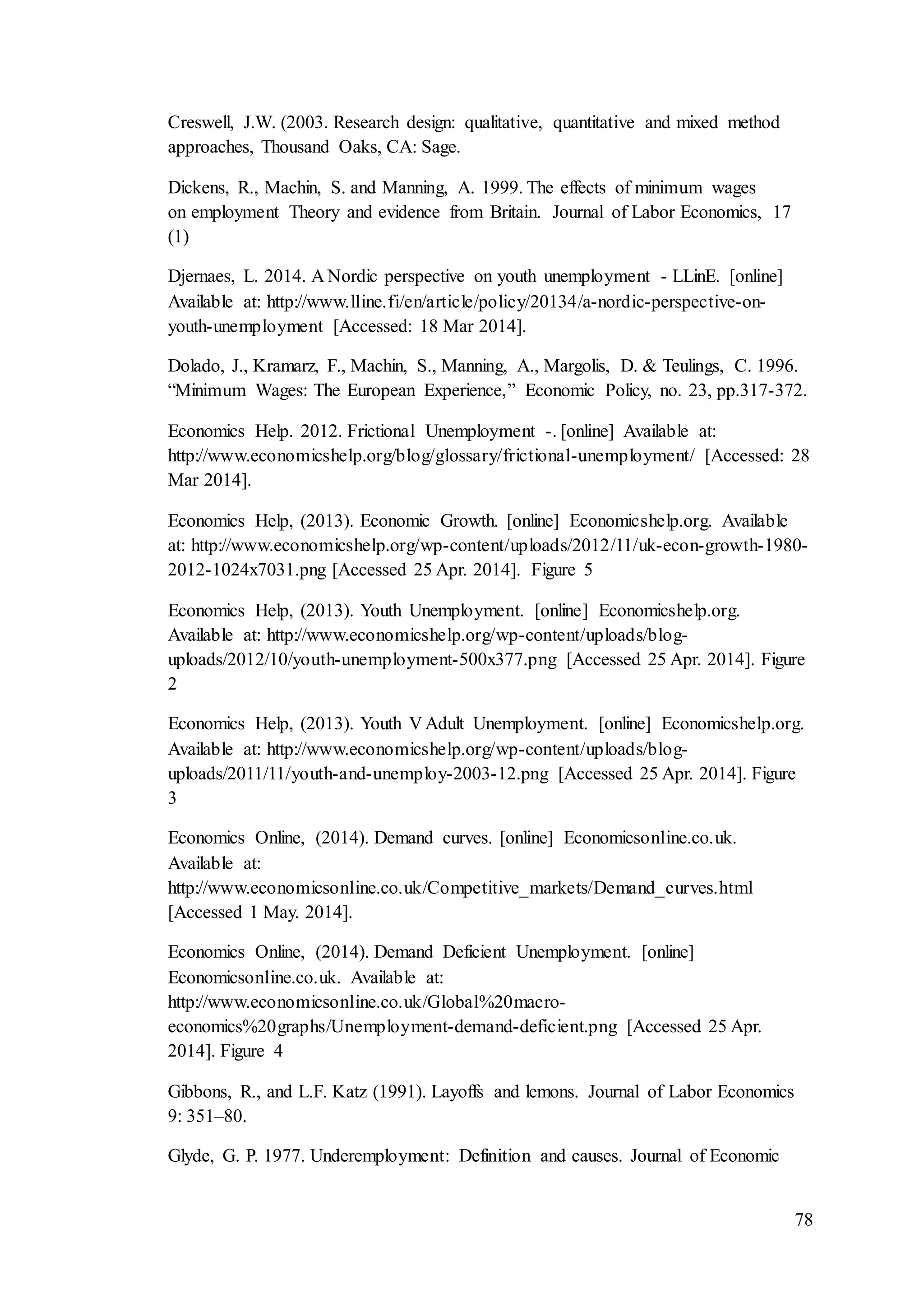 78
Creswell, J.W. (2003. Research design: qualitative, quantitative and mixed method
approaches, Thousand Oaks, CA: Sage.
Dickens, R., Machin, S. and Manning, A. 1999. The effects of minimum wages
on employment Theory and evidence from Britain. Journal of Labor Economics, 17
(1)
Djernaes, L. 2014. A Nordic perspective on youth unemployment - LLinE. [online]
Available at: http://www.lline.fi/en/article/policy/20134/a-nordic-perspective-on-
youth-unemployment [Accessed: 18 Mar 2014].
Dolado, J., Kramarz, F., Machin, S., Manning, A., Margolis, D. & Teulings, C. 1996.
“Minimum Wages: The European Experience,” Economic Policy, no. 23, pp.317-372.
Economics Help. 2012. Frictional Unemployment -. [online] Available at:
http://www.economicshelp.org/blog/glossary/frictional-unemployment/ [Accessed: 28
Mar 2014].
Economics Help, (2013). Economic Growth. [online] Economicshelp.org. Available
at: http://www.economicshelp.org/wp-content/uploads/2012/11/uk-econ-growth-1980-
2012-1024x7031.png [Accessed 25 Apr. 2014]. Figure 5
Economics Help, (2013). Youth Unemployment. [online] Economicshelp.org.
Available at: http://www.economicshelp.org/wp-content/uploads/blog-
uploads/2012/10/youth-unemployment-500x377.png [Accessed 25 Apr. 2014]. Figure
2
Economics Help, (2013). Youth V Adult Unemployment. [online] Economicshelp.org.
Available at: http://www.economicshelp.org/wp-content/uploads/blog-
uploads/2011/11/youth-and-unemploy-2003-12.png [Accessed 25 Apr. 2014]. Figure
3
Economics Online, (2014). Demand curves. [online] Economicsonline.co.uk.
Available at:
http://www.economicsonline.co.uk/Competitive_markets/Demand_curves.html
[Accessed 1 May. 2014].
Economics Online, (2014). Demand Deficient Unemployment. [online]
Economicsonline.co.uk. Available at:
http://www.economicsonline.co.uk/Global%20macro-
economics%20graphs/Unemployment-demand-deficient.png [Accessed 25 Apr.
2014]. Figure 4
Gibbons, R., and L.F. Katz (1991). Layoffs and lemons. Journal of Labor Economics
9: 351–80.
Glyde, G. P. 1977. Underemployment: Definition and causes. Journal of Economic
 