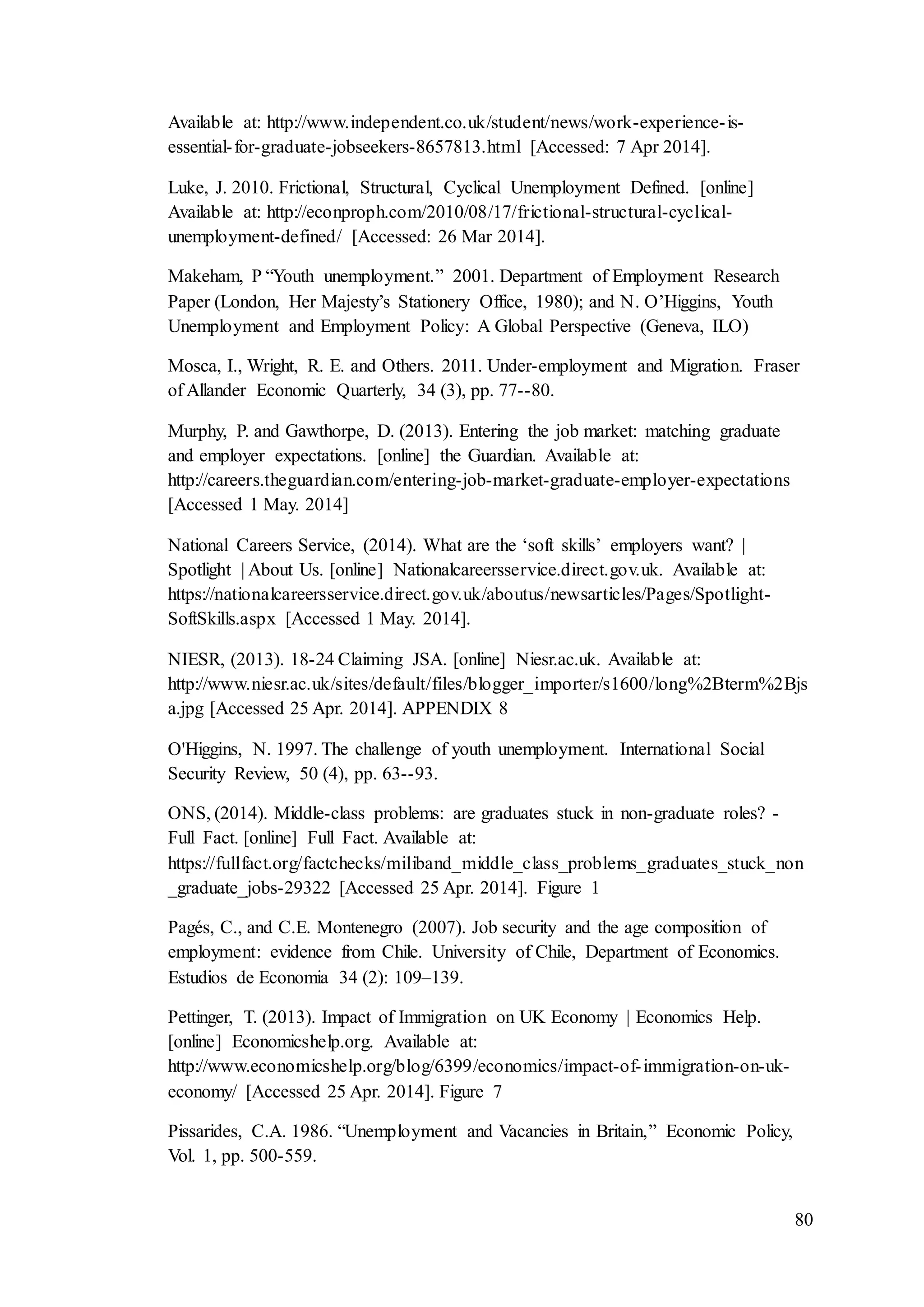 80
Available at: http://www.independent.co.uk/student/news/work-experience-is-
essential-for-graduate-jobseekers-8657813.html [Accessed: 7 Apr 2014].
Luke, J. 2010. Frictional, Structural, Cyclical Unemployment Defined. [online]
Available at: http://econproph.com/2010/08/17/frictional-structural-cyclical-
unemployment-defined/ [Accessed: 26 Mar 2014].
Makeham, P “Youth unemployment.” 2001. Department of Employment Research
Paper (London, Her Majesty’s Stationery Office, 1980); and N. O’Higgins, Youth
Unemployment and Employment Policy: A Global Perspective (Geneva, ILO)
Mosca, I., Wright, R. E. and Others. 2011. Under-employment and Migration. Fraser
of Allander Economic Quarterly, 34 (3), pp. 77--80.
Murphy, P. and Gawthorpe, D. (2013). Entering the job market: matching graduate
and employer expectations. [online] the Guardian. Available at:
http://careers.theguardian.com/entering-job-market-graduate-employer-expectations
[Accessed 1 May. 2014]
National Careers Service, (2014). What are the ‘soft skills’ employers want? |
Spotlight | About Us. [online] Nationalcareersservice.direct.gov.uk. Available at:
https://nationalcareersservice.direct.gov.uk/aboutus/newsarticles/Pages/Spotlight-
SoftSkills.aspx [Accessed 1 May. 2014].
NIESR, (2013). 18-24 Claiming JSA. [online] Niesr.ac.uk. Available at:
http://www.niesr.ac.uk/sites/default/files/blogger_importer/s1600/long%2Bterm%2Bjs
a.jpg [Accessed 25 Apr. 2014]. APPENDIX 8
O'Higgins, N. 1997. The challenge of youth unemployment. International Social
Security Review, 50 (4), pp. 63--93.
ONS, (2014). Middle-class problems: are graduates stuck in non-graduate roles? -
Full Fact. [online] Full Fact. Available at:
https://fullfact.org/factchecks/miliband_middle_class_problems_graduates_stuck_non
_graduate_jobs-29322 [Accessed 25 Apr. 2014]. Figure 1
Pagés, C., and C.E. Montenegro (2007). Job security and the age composition of
employment: evidence from Chile. University of Chile, Department of Economics.
Estudios de Economia 34 (2): 109–139.
Pettinger, T. (2013). Impact of Immigration on UK Economy | Economics Help.
[online] Economicshelp.org. Available at:
http://www.economicshelp.org/blog/6399/economics/impact-of-immigration-on-uk-
economy/ [Accessed 25 Apr. 2014]. Figure 7
Pissarides, C.A. 1986. “Unemployment and Vacancies in Britain,” Economic Policy,
Vol. 1, pp. 500-559.
 