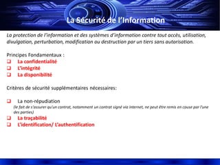 La Sécurité de l’Information
La protection de l’information et des systèmes d’information contre tout accès, utilisation,
divulgation, perturbation, modification ou destruction par un tiers sans autorisation.
Principes Fondamentaux :
 La confidentialité
 L’intégrité
 La disponibilité
Critères de sécurité supplémentaires nécessaires:
 La non-répudiation
(le fait de s'assurer qu'un contrat, notamment un contrat signé via internet, ne peut être remis en cause par l'une
des parties)
 La traçabilité
 L’identification/ L’authentification
 