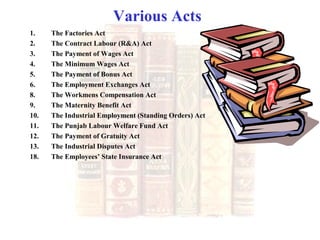 Various Acts
1. The Factories Act
2. The Contract Labour (R&A) Act
3. The Payment of Wages Act
4. The Minimum Wages Act
5. The Payment of Bonus Act
6. The Employment Exchanges Act
8. The Workmens Compensation Act
9. The Maternity Benefit Act
10. The Industrial Employment (Standing Orders) Act
11. The Punjab Labour Welfare Fund Act
12. The Payment of Gratuity Act
13. The Industrial Disputes Act
18. The Employees’ State Insurance Act
 
