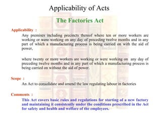 Applicability of Acts
The Factories Act
Applicability :
Any premises including precincts thereof where ten or more workers are
working or were working on any day of preceding twelve months and in any
part of which a manufacturing process is being carried on with the aid of
power,
where twenty or more workers are working or were working on any day of
preceding twelve months and in any part of which a manufacturing process is
being carried on without the aid of power.
Scope :
An Act to consolidate and amend the law regulating labour in factories
Comments :
This Act covers basic rules and regulations for starting of a new factory
and maintaining it consistently under the conditions prescribed in the Act
for safety and health and welfare of the employees.
 