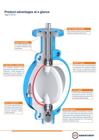 BALL PRINCIPLE
The proven seal according to
the ball principle between disc
and PTFE liner ensures reliable
long-term operation, without
critical transitions.
SHAFT BEARING
All nominal diameters have
a multiple, maintenance-free
shaft bearing.
FUNCTIONAL SURFACES
The functional surfaces of the
shaft seal are machined to precise
tolerances. Forcible adaptation is
damaging due to the resilience of
PTFE and is avoided in this design.
PTFE LINER
The PTFE liner is isostatically pressed
and at least 3 mm thick. The broad,
chambered sealing strips also serve
as a double-sided flange seal.
DOUBLE SEALS
Double seals as standard on both shaft ducts. Primary
seal (= main seal) achieved by prestressing through
maintenance-free set of stainless steel disc springs.
Secondary seal (= EBRO safety seal) is safely achieved
through a matched combination of a PTFE-Chevron
seal and an additional O-ring.
SAFETY SEAL
The one-piece, blow-out proof shaft/disc
is coated with PFA including the safety
seal. The disc is covered with at least
3mm. All sealing surfaces are machined.
TOP FLANGE DESIGN
with centering projection and double flat
shaft end according to EN ISO 5211.
Product advantages at a glance
Type T 211-C
 