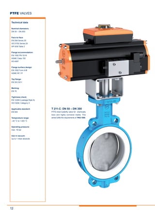 12
PTFE VALVES
Technical data
Nominal diameters:
DN 50 – DN 900
Face-to-face:
EN 558 Series 20
ISO 5752 Series 20
API 609 Table 2
Flange accommodation:
EN 1092 PN 10/16
ASME Class 150
AS 4087
Flange surface design:
EN 1092 Form A/B
ASME RF, FF
Top flange:
EN ISO 5211
Marking:
EN 19
Tightness check:
EN 12266 (Leakage Rate A)
ISO 5208, Category 3
Applicable standard:
EN 593
Temperature range:
–40 °C to + 200 °C
Operating pressure:
max. 16 bar
Use in vacuum:
Up to 1 mbar absolute
T 211-C: DN 50 – DN 300
PTFE-lined butterfly valve for chemically
toxic and highly corrosive media. This
series fulfils the requirements of PAS 1085.
 