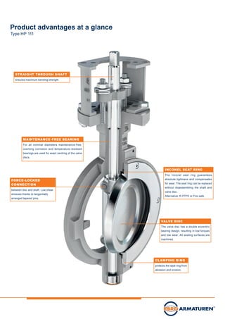 FORCE-LOCKED
CONNECTION
between disc and shaft. Low shear
stresses thanks to tangentially
arranged tapered pins.
STRAIGHT THROUGH SHAFT
ensures maximum bending strength.
MAINTENANCE-FREE BEARING
For all nominal diameters maintenance-free,
overlong corrosion and temperatur­e-resistant
bearings are used for exact centring of the valve
discs.
INCONEL SEAT RING
The Inconel seat ring guarantees
absolute tightness and compensates
for wear. The seat ring can be replaced
without disassembling the shaft and
valve disc.
Alternative: R-PTFE or Fire-safe
VALVE DISC
The valve disc has a double eccentric
bearing design, resulting in low torques
and low wear. All sealing surfaces are
machined.
CLAMPING RING
protects the seat ring from
abrasion and erosion.
Product advantages at a glance
Type HP 111
 