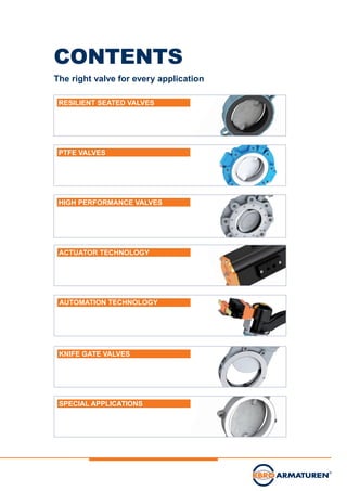 CONTENTS
The right valve for every application
RESILIENT SEATED VALVES
PTFE VALVES
HIGH PERFORMANCE VALVES
ACTUATOR TECHNOLOGY
KNIFE GATE VALVES
SPECIAL APPLICATIONS
AUTOMATION TECHNOLOGY
 