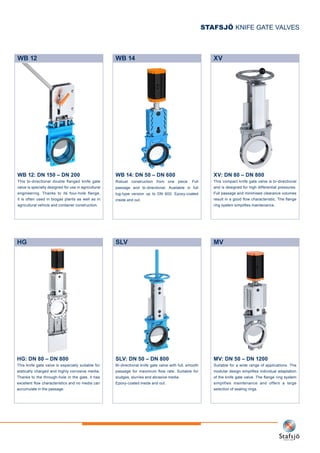 WB 14: DN 50 – DN 600
Robust construction from one piece. Full
passage and bi-directional. Available in full
lug-type version up to DN 600. Epoxy-coated
inside and out.
WB 14
MV: DN 50 – DN 1200
Suitable for a wide range of applications. The
modular design simplifies individual adaptation
of the knife gate valve. The flange ring system
simplifies maintenance and offers a large
selection of sealing rings.
MV
WB 12: DN 150 – DN 200
This bi-directional double flanged knife gate
valve is specially designed for use in agricultural
engineering. Thanks to its four-hole flange,
it is often used in biogas plants as well as in
agricultural vehicle and container construction.
WB 12
SLV: DN 50 – DN 800
Bi-directional knife gate valve with full, smooth
passage for maximum flow rate. Suitable for
sludges, slurries and abrasive media.
Epoxy-coated inside and out.
SLV
XV: DN 80 – DN 800
This compact knife gate valve is bi-directional
and is designed for high differential pressures.
Full passage and minimised clearance volumes
result in a good flow characteristic. The flange
ring system simplifies maintenance.
XV
STAFSJÖ KNIFE GATE VALVES
HG: DN 80 – DN 800
This knife gate valve is especially suitable for
statically charged and highly corrosive media.
Thanks to the through-hole in the gate, it has
excellent flow characteristics and no media can
accumulate in the passage.
HG
 