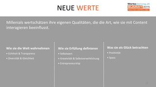 20
Millenials wertschätzen ihre eigenen Qualitäten, die die Art, wie sie mit Content
interagieren beeinflusst.
Was sie als Glück betrachten
• Positivität
• Spass
NEUE WERTE
Wie sie die Welt wahrnehmen
• Echtheit & Transparenz
• Diversität & Gleichheit
Wie sie Erfüllung definieren
• Selbstwert
• Kreativität & Selbstverwirklichung
• Entrepreneurship
 