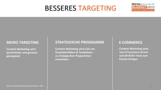 35Quelle: Content Marketing Association, 2014
BESSERES TARGETING
E-COMMERCE
Content Marketing wird
von E-Commerce lernen
und ähnliche Tools zum
Einsatz bringen.
MICRO TARGETING
Content Marketing wird
persönlicher und genauer
getargeted.
STRATEGISCHE PROGRAMME
Content Marketing wird sich von
Einzelaktivitäten & Testballons
zu strategischen Programmen
entwicklen.
 