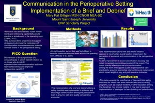 Communication in the Perioperative Setting
Implementation of a Brief and Debrief
Mary Pat Gilligan MSN CNOR NEA-BC
Mount Saint Joseph University
DNP Scholarly Project
Background
Research
Experimental
Quasi-experimental
Non-experimental
Qualitative
Non-Research
AORN Practice Guidelines
Organizational Experience
Clinical Expertise
Patient preferences
Expert opinion
Internal
Factors
External
Factors
Culture
Perioperative Environment
Communication
Perioperative Team
Hierachies
Teamwork
Patient
Quality Measures
Legislation
Joint Commission
AORN Standards
CMS
Practice
Education Research
Adaption of JHNEBP Model
(Dearholt & Dang, 2012)
"Team discussions are common in the Operating Room here"
4.00 4.00
2.81
3.19
2.97
3.39
3.31
4.69
3.40
4.00
2.75
3.63
0.00
3.60
3.17
2.92
3.03
3.55
0.00
0.50
1.00
1.50
2.00
2.50
3.00
3.50
4.00
4.50
5.00
Pre Implementation Post Implementation
Surgeons (N = 3)
CRNA's (N = 16)
Nurses (N = 36)
Surgical Residents (N = 13)
Surgical Assistants (N = 5)
Scrub Technicians (N = 16)
Anesthesiologists (N = 10)
OR Assistants (N = 12)
Total (N = 111)
*
Methods Results
Conclusion
•Research has demonstrated nurses remain
silent upon witnessing a potentially unsafe
practice or actual event in the operating room
(Cvetic, 2011).
•The purpose of this project was to support
strategies to eliminate the implications of
communication inconsistencies and potential
adverse events in the perioperative setting.
PICO Question
Do members of the surgical team (P),
who participate in a brief /debrief initiative (I),
vs. those who do not (C)
experience less miscommunication and more
team cohesiveness and improved
perioperative care(O) ?
•The implementation of a brief and debrief utilizing a
safety checklist was implemented to enhance and
encourage communication among the perioperative
team to ensure a safe and quality perioperative
encounter.
•An eight question survey tool was first utilized to
measure communication and team work in the operating
room. (Makary et al., 2007).
•This data suggests the significance of teamwork and safety
education for health care team members who are in training
programs, such as surgical residents. Further education among
the disciplines may provide insights in how best to approach
implementation of strategies for team building and patient safety.
Cvetic, E. (2011). Communication in the perioperative setting. AORN, 94(3), 261-270.
doi:10.1016/j.aorn.2011.01.017
Makary, M. A., Mukherjee, A., Sexton, J. B., Syin, D., Goodrich, E., Hartmann, E.,...Pronovost, P. J. (2007).
Operating room briefings and wrong-site surgery. Journal American College of Surgeons, 204(2), 236-243.
doi:10.1016/j.jamcollsurg.2006.10.018
•The implementation of the brief and debrief initiative
appears to have had an overall positive impact upon the
perception of teamwork and communication in the perioperative
setting.
• A 35% improvement in wound classification accuracy was
noted immediately during dissemination of the project. This
metric directly reflects accuracy in communication
among the team and supports quality in perioperative care
practices by ensuring appropriate interventions are implemented
which impact length of stay and post operative outcomes.
 