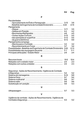 Prf Pag 
C 
Capacidade das rodovias já com as devidas reduções ................ F-2 F-2 
Chefe da seção técnica ............................................................... 2-16 2-10 
Chefe do estado-maior ................................................................ 2-10 2-5 
Comando e controle .................................................................... 9-1 9-1 
Considerações básicas ............................................................... 1-2 1-1 
Considerações iniciais 
- (ED nas Ações Comuns às Operações Básicas) ................. 5-1 5-1 
- (ED nas Operações Complementares) ................................. 6-1 6-1 
- (ED nas Operações com Características Especiais) ............ 8-1 8-1 
- (ED nas Operações Defensivas) ........................................... 4-1 4-1 
- (ED nas Operações Ofensivas) ............................................ 3-1 3-1 
- (ED nas Operações sob Condições Especiais de Ambiente) 7-1 7-1 
Controle de danos ....................................................................... 5-11 5-4 
D 
Defesa de área de retaguarda ...................................................... 5-10 5-4 
Desdobramento - Posto de Comando .......................................... 9-5 9-3 
Deslocamento - Posto de Comando ............................................ 9-4 9-3 
Dotações de material da engenharia divisionária ......................... F-3 F-3 
Dupla função do engenheiro divisionário ...................................... 2-6 2-3 
E 
E1 ............................................................................................... 2-11 2-5 
E2 ............................................................................................... 2-12 2-7 
E3 ............................................................................................... 2-13 2-8 
E4 ............................................................................................... 2-14 2-9 
E5 ............................................................................................... 2-15 2-9 
Emprego 
- Ataque ................................................................................. 3-12 3-5 
- Defesa em Posição .............................................................. 4-4 4-2 
- Movimentos Retrógrados ...................................................... 4-9 4-7 
Estrutura 
- Batalhão de Engenharia de Combate Divisionário ................. 2-20 2-12 
- Companhia de Comando ...................................................... 2-17 2-11 
Estrutura geral do sistema (Apoio Logístico) ............................... 10-1 10-1 
Estrutura organizacional (Engenharia Divisionária) ....................... 2-1 2-1 
Estudo de situação do comandante - Comando .......................... 2-7 2-4 
Estudo de situação do comandante de engenharia ..................... A-2 A-1 
Execução do apoio 
- Ataque ................................................................................. 3-13 3-6 
- Defesa em Posição .............................................................. 4-5 4-3 
- Marcha para o Combate ....................................................... 3-4 3-3 
- Movimentos Retrógrados ...................................................... 4-10 4-8 
 