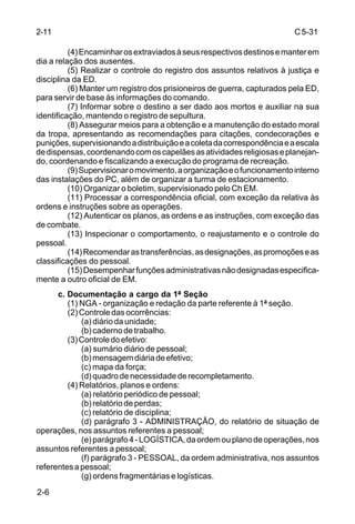 C 5-31 
2-6 
(4) Encaminhar os extraviados à seus respectivos destinos e manter em 
dia a relação dos ausentes. 
(5) Realizar o controle do registro dos assuntos relativos à justiça e 
disciplina da ED. 
(6) Manter um registro dos prisioneiros de guerra, capturados pela ED, 
para servir de base às informações do comando. 
(7) Informar sobre o destino a ser dado aos mortos e auxiliar na sua 
identificação, mantendo o registro de sepultura. 
(8) Assegurar meios para a obtenção e a manutenção do estado moral 
da tropa, apresentando as recomendações para citações, condecorações e 
punições, supervisionando a distribuição e a coleta da correspondência e a escala 
de dispensas, coordenando com os capelães as atividades religiosas e planejan-do, 
coordenando e fiscalizando a execução do programa de recreação. 
(9) Supervisionar o movimento, a organização e o funcionamento interno 
das instalações do PC, além de organizar a turma de estacionamento. 
(10) Organizar o boletim, supervisionado pelo Ch EM. 
(11) Processar a correspondência oficial, com exceção da relativa às 
ordens e instruções sobre as operações. 
(12) Autenticar os planos, as ordens e as instruções, com exceção das 
de combate. 
(13) Inspecionar o comportamento, o reajustamento e o controle do 
pessoal. 
(14) Recomendar as transferências, as designações, as promoções e as 
classificações do pessoal. 
(15) Desempenhar funções administrativas não designadas especifica-mente 
a outro oficial de EM. 
c. Documentação a cargo da 1ª Seção 
(1) NGA - organização e redação da parte referente à 1ª seção. 
(2) Controle das ocorrências: 
(a) diário da unidade; 
(b) caderno de trabalho. 
(3) Controle do efetivo: 
(a) sumário diário de pessoal; 
(b) mensagem diária de efetivo; 
(c) mapa da força; 
(d) quadro de necessidade de recompletamento. 
(4) Relatórios, planos e ordens: 
(a) relatório periódico de pessoal; 
(b) relatório de perdas; 
(c) relatório de disciplina; 
(d) parágrafo 3 - ADMINISTRAÇÃO, do relatório de situação de 
operações, nos assuntos referentes a pessoal; 
(e) parágrafo 4 - LOGÍSTICA, da ordem ou plano de operações, nos 
assuntos referentes a pessoal; 
(f) parágrafo 3 - PESSOAL, da ordem administrativa, nos assuntos 
referentes a pessoal; 
(g) ordens fragmentárias e logísticas. 
2-11 
 