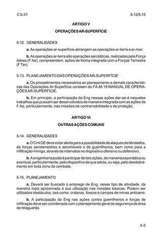 5-12/5-15 
5-5 
C 5-31 
ARTIGO V 
OPERAÇÕES AR-SUPERFÍCIE 
5-12. GENERALIDADES 
a. As operações ar-superfície abrangem as operações ar-terra e ar-mar. 
b. As operações ar-terra são operações aerotáticas, realizadas pela Força 
Aérea (F Ae), compreendem ações de forma integrada com a Forças Terrestre 
(F Ter). 
5-13. PLANEJAMENTO DAS OPERAÇÕES AR-SUPERFÍCIE 
a. Os procedimentos necessários ao planejamento e demais característi-cas 
das Operações Ar-Superfície constam do FA-M-19 MANUAL DE OPERA-ÇÕES 
AR-SUPERFÍCIE. 
b. Em princípio, a participação da Eng nessas ações dar-se-á naqueles 
trabalhos que possam ser desenvolvidos de maneira integrada com as ações da 
F Ae, particularmente, nas missões de contramobilidade e de proteção. 
ARTIGO VI 
OUTRAS AÇÕES COMUNS 
5-14. GENERALIDADES 
a. O Cmt DE deve estar alerta para a possibilidade de ataques de blindados, 
de forças aeroterrestres e aeromóveis e de guerrilheiros, bem como para a 
infiltração inimiga, através de intervalos no dispositivo ofensivo ou defensivo. 
b. A engenharia poderá participar de tais ações, de maneira esporádica ou 
eventual, particularmente, pelo dispositivo de que adota, ou seja, pelo desdobra-mento 
em toda zona de combate. 
5-15. PLANEJAMENTO 
a. Deverá ser buscado o emprego de Eng, nesse tipo de atividade, da 
maneira mais aproximada à sua utilização nas missões básicas. Podem ser 
utilizados obstáculos, tais como: crateras, fossos e campos de minas anticarro. 
b. A participação da Eng nas ações contra guerrilheiros e forças de 
infiltração deve ser coordenada com o planejamento geral da segurança de área 
de retaguarda. 
 