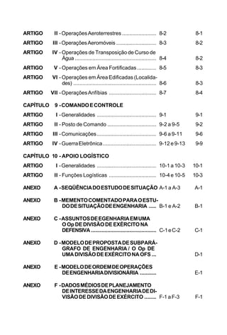 ARTIGO II - Operações Aeroterrestres ....................... 8-2 8-1 
ARTIGO III - Operações Aeromóveis ........................... 8-3 8-2 
ARTIGO IV - Operações de Transposição de Curso de 
Água ....................................................... 8-4 8-2 
ARTIGO V - Operações em Área Fortificadas ............. 8-5 8-3 
ARTIGO VI - Operações em Área Edificadas (Localida-des) 
........................................................ 8-6 8-3 
ARTIGO VII - Operações Anfíbias ................................ 8-7 8-4 
CAPÍTULO 9 - COMANDO E CONTROLE 
ARTIGO I - Generalidades ........................................ 9-1 9-1 
ARTIGO II - Posto de Comando ................................. 9-2 a 9-5 9-2 
ARTIGO III - Comunicações ........................................ 9-6 a 9-11 9-6 
ARTIGO IV - Guerra Eletrônica .................................... 9-12 e 9-13 9-9 
CAPÍTULO 10 - APOIO LOGÍSTICO 
ARTIGO I - Generalidades ........................................ 10-1 a 10-3 10-1 
ARTIGO II - Funções Logísticas ................................ 10-4 e 10-5 10-3 
ANEXO A - SEQÜÊNCIA DO ESTUDO DE SITUAÇÃO A-1 a A-3 A-1 
ANEXO B - MEMENTO COMENTADO PARA O ESTU-DO 
DE SITUAÇÃO DE ENGENHARIA ..... B-1 e A-2 B-1 
ANEXO C - ASSUNTOS DE EGENHARIA EM UMA 
O Op DE DIVISÃO DE EXÉRCITO NA 
DEFENSIVA ............................................ C-1 e C-2 C-1 
ANEXO D - MODELO DE PROPOSTA DE SUBPARÁ- 
GRAFO DE ENGENHARIA / O Op DE 
UMA DIVISÃO DE EXÉRCITO NA OFS ... D-1 
ANEXO E - MODELO DE ORDEM DE OPERAÇÕES 
DE ENGENHARIA DIVISIONÁRIA ........... E-1 
ANEXO F - DADOS MÉDIOS DE PLANEJAMENTO 
DE INTERESSE DA ENGENHARIA DE DI-VISÃO 
DE DIVISÃO DE EXÉRCITO ........ F-1 a F-3 F-1 
 