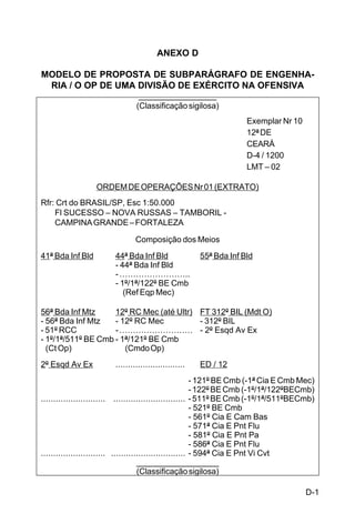 C-1 
C 5-31 
ANEXO C 
ASSUNTOS DE ENGENHARIA EM UMA O Op DE DIVISÃO DE 
EXÉRCITO NA DEFENSIVA 
C-1. SITUAÇÃO 
a. Forças inimigas 
b. Forças amigas 
c. Meios recebidos e retirados 
(3) A 1ª/ 514º BE Cmb integrará a 13ª DE durante toda a operação (poderá 
estar na composição dos meios) 
C-2. EXECUÇÃO 
a. Conceito da operação 
.................................... 
d. 51ª Bda Inf Mtz 
..................................... 
(5) Construir C Mna de acordo com o P Bar. 
..................................... 
h. Engenharia 
(1) Generalidades 
(a) A E Ex/V apoiará a ED/13 com os 511º e 512º BE Cmb que 
realizarão trabalho no S Bar da DE, no período de 060600 a 121900 Mar, de acordo 
com An D ao P Bar. 
(b) A E Ex/V estabelecerá um LAT em apoio à ED/13, conforme 
constante do calco Nr___ anexo ___, que entrará em vigor em 130600 Mar, 
incluindo as rodovias demarcadoras. 
 