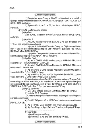 D-1 
C 5-31 
ANEXO D 
MODELO DE PROPOSTA DE SUBPARÁGRAFO DE ENGENHA-RIA 
/ O OP DE UMA DIVISÃO DE EXÉRCITO NA OFENSIVA 
__________________ 
(Classificação sigilosa) 
Exemplar Nr 10 
12ª DE 
CEARÁ 
D-4 / 1200 
LMT – 02 
ORDEM DE OPERAÇÕES Nr 01 (EXTRATO) 
Rfr: Crt do BRASIL/SP, Esc 1:50.000 
Fl SUCESSO – NOVA RUSSAS – TAMBORIL - 
CAMPINA GRANDE – FORTALEZA 
Composição dos Meios 
41ª Bda Inf Bld 44ª Bda Inf Bld 55ª Bda Inf Bld 
- 44ª Bda Inf Bld 
- …………………….. 
- 1º/1ª/122º BE Cmb 
(Ref Eqp Mec) 
56ª Bda Inf Mtz 12º RC Mec (até Ultr) FT 312º BIL (Mdt O) 
- 56ª Bda Inf Mtz - 12º RC Mec - 312º BIL 
- 51º RCC - ……………………… - 2º Esqd Av Ex 
- 1º/1ª/511º BE Cmb - 1ª/121º BE Cmb 
(Ct Op) (Cmdo Op) 
2º Esqd Av Ex ............................ ED / 12 
- 121º BE Cmb (-1ª Cia E Cmb Mec) 
- 122º BE Cmb (-1º/1ª/122ºBECmb) 
.......................... ............................. - 511º BE Cmb (-1º/1ª/511ºBECmb) 
- 521º BE Cmb 
- 561º Cia E Cam Bas 
- 571ª Cia E Pnt Flu 
- 581º Cia E Pnt Pa 
- 586ª Cia E Pnt Flu 
.......................... .............................. - 594ª Cia E Pnt Vi Cvt 
___________________ 
(Classificação sigilosa) 
 