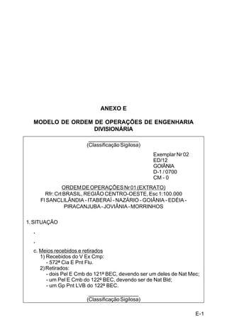 C 5-31 
D-2 
__________________ 
(Classificação sigilosa) 
1. SITUAÇÃO 
. 
. 
. 
c. Meios recebidos e retirados 
(1) Recebidos 
- Conforme a composição dos meios 
(2) Retirados 
- Nenhum. 
2. MISSÃO 
.............................................................................. 
3. EXECUÇÃO 
a. Conceito da operação 
(1) Manobra 
(a) ................................................................ 
1) 
... 
4) Após Ultr, o 12º RC Mec, a E, para fixar o Ini na sua Z Aç. 
... 
(b) Após a Conq de 04, ou mesmo antes, prosseguirá em Apvt Exi 
para Conq e Mnt CRATEÚS, empregando uma Bda Inf Bld em 1º Esc pelo E 
Prog TAMBORIL 
(c) Manterá em reserva: 
.......................................................... 
(d) .......................................................... 
(2) ............................................................... 
b. 41ª Bda Inf Bld 
... 
j. Engenharia (ou ED/12) 
(1) Generalidades 
(a) A E Ex estabelecerá os seguintes LAT: 
__________________ 
(Classificação sigilosa) 
 