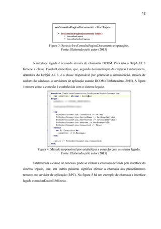 12 
 
Figura 3: Servçio IwsConsultaPaginaDocumento e operações.  
Fonte: Elaborado pelo autor (2015) 
 
 
A interface legada é acessada através de chamadas DCOM. Para isto o DelphiXE 3                           
fornece a classe TSocketConnection, que, segundo documentação da empresa Embarcadero,                   
detentora do Delphi XE 3, é a classe responsável por gerenciar a comunicação, através de                             
sockets do windows, à servidores de aplicação usando DCOM (Embarcadero, 2015). A figura                         
4 mostra como a conexão é estabelecida com o sistema legado. 
 
Figura 4: Método responsável por estabelecer a conexão com o sistema legado.  
Fonte: Elaborado pelo autor (2015) 
 
Estabelecida a classe de conexão, pode­se efetuar a chamada definida pela interface do                         
sistema legado, que, em outras palavras significa efetuar a chamada aos procedimentos                       
remotos no servidor de aplicação (RPC). Na figura 5 há um exemplo de chamada a interface                               
legada consultarDadosBiblioteca. 
 
 
 