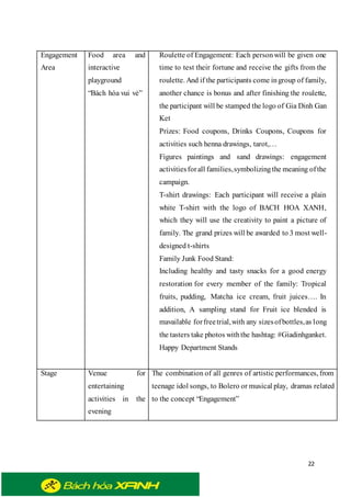 22
Engagement
Area
Food area and
interactive
playground
“Bách hóa vui vẻ”
Roulette of Engagement: Each personwill be given one
time to test their fortune and receive the gifts from the
roulette. And if the participants come ingroup of family,
another chance is bonus and after finishing the roulette,
the participant will be stamped the logo of Gia Dinh Gan
Ket
Prizes: Food coupons, Drinks Coupons, Coupons for
activities such henna drawings, tarot,…
Figures paintings and sand drawings: engagement
activitiesforall families,symbolizingthe meaning ofthe
campaign.
T-shirt drawings: Each participant will receive a plain
white T-shirt with the logo of BACH HOA XANH,
which they will use the creativity to paint a picture of
family. The grand prizes will be awarded to 3 most well-
designed t-shirts
Family Junk Food Stand:
Including healthy and tasty snacks for a good energy
restoration for every member of the family: Tropical
fruits, pudding, Matcha ice cream, fruit juices…. In
addition, A sampling stand for Fruit ice blended is
mavailable forfreetrial,with any sizesofbottles,as long
the tasters take photos withthe hashtag: #Giadinhganket.
Happy Department Stands
Stage Venue for
entertaining
activities in the
evening
The combination of all genres of artistic performances, from
teenage idol songs, to Bolero or musical play, dramas related
to the concept “Engagement”
 