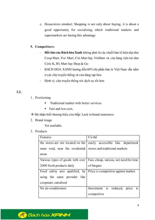 4
c. Housewives mindset: Shopping is not only about buying, it is about a
good opportunity for socializing, which traditional markets and
supermarkets are having this advantage
5. Competitors:
- Đối thủ của BáchhóaXanh không phải là các chuỗi bán lẻ hiệnđại như
Coop Mart, Fivi Mart, Citi Mart hay VinMart và cửa hàng tiện lợi như
Cirle K, B's Mart hay Shop & Go
- BACH HOA XANH hướng đến80% thị phần bán lẻ Việt Nam vẫn nằm
ở các chợ truyền thống và cửa hàng tạp hóa
- Định vị: chợ truyền thống với dịch vụ tốt hơn
3.2.
1. Positioning
 Traditional market with better services.
 Fast and low cost,
 Độ nhận biết thương hiệu còn thấp: Lack in brand awareness
2. Brand image
Yet available.
3. Products
Features Ưu thế
the stores are not located on the
main road, near the residential
areas
easily accessible like department
stores and traditional markets
Various types of goods with over
2000 fresh products daily
Fast, cheap, various, not needfor time
of bargain
Food safety arer qualified, by
using the same provider like
coopmart, satrafood
Price is competitive against market.
No air-conditioners Investment is reduced, price is
competitive
 