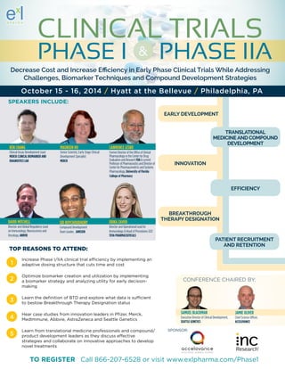 Clinical TRIALS 
Phase I & Phase IIA 
Decrease Cost and Increase Efficiency in Early Phase Clinical Trials While Addressing 
Challenges, Biomarker Techniques and Compound Development Strategies 
October 15 - 16, 2014 / Hyatt at the Bellevue / Philadelphia, PA 
Top Reasons to Attend: 
Increase Phase I/IIA clinical trial efficiency by implementing an 
adaptive dosing structure that cuts time and cost 
Optimize biomarker creation and utilization by implementing 
a biomarker strategy and analyzing utility for early decision-making 
Learn the definition of BTD and explore what data is sufficient 
to bestow Breakthrough Therapy Designation status 
Hear case studies from innovation leaders in Pfizer, Merck, 
MedImmune, Abbvie, AstraZeneca and Seattle Genetics 
Learn from translational medicine professionals and compound/ 
product development leaders as they discuss effective 
strategies and collaborate on innovative approaches to develop 
novel treatments 
1 
2 
3 
4 
Early Development 
5 SPONSOR: 
Translational 
Medicine and Compound 
Development 
Efficiency 
Innovation 
Patient Recruitment 
and Retention 
Breakthrough 
Therapy Designation 
Conference Chaired By: 
Maureen Ho 
Senior Scientist, Early Stage Clinical 
Development Specialist 
MERCK 
Ken Chang 
Clinical Assay Development Lead 
MERCK CLINICAL BIOMARKER AND 
DIAGNOSTICS LAB 
David Mitchell 
Director and Global Regulatory Lead 
on Immunology, Neuroscience and 
Oncology, ABBVIE 
Sid Roychoudhury 
Compound Development 
Team Leader, JANSSEN 
Erika Zavod 
Director and Operational Lead for 
Immunology & Head of Procedures GCO 
TEVA PHARMACEUTICALS 
SPEAKERS INclude: 
Lawrence Lesko 
Former Director of the Office of Clinical 
Pharmacology in the Center for Drug 
Evaluation and Research FDA & current 
Professor of Pharmaceutics and Director of 
Center for Pharmacometrics and Systems 
Pharmacology, University of Florida 
College of Pharmacy 
Samuel Blackman 
Executive Director of Clinical Development, 
SEATTLE GENETICS 
Jamie Oliver 
Chief Science Officer, 
ACCELOVANCE 
To Register Call 866-207-6528 or visit www.exlpharma.com/Phase1 
 
