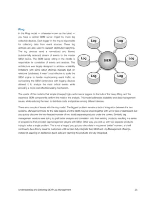 Ring
In the Ring model — otherwise known as the Moat —
you have a central SIEM server ringed by many log
collection devices. Each logger in the ring is responsible
for collecting data from event sources. These log
archives are also used to support distributed reporting.
The log devices send a normalized and ﬁltered
(substantially reduced) stream of events to the master
SIEM device. The SIEM server sitting in the middle is
responsible for correlation of events and analysis. This
architecture was largely designed to address scalability
limitations with some SIEM offerings (typically built on
relational databases). It wasn’t cost effective to scale the
SIEM engine to handle mushrooming event trafﬁc, so
surrounding the SIEM centerpiece with logging devices
allowed it to analyze the most critical events while
providing a more cost-effective scaling mechanism.
The upside of this model is that simple (cheaper) high-performance loggers do the bulk of the heavy lifting, and the
expensive SIEM components perform the meat of the analysis. This model addresses scalability and data management
issues, while reducing the need to distribute code and policies among different devices.
There are a couple of issues with the ring model. The biggest problem remains a lack of integration between the two
systems. Management tools for the data loggers and the SIEM may be linked together with some type of dashboard, but
you quickly discover the two-headed monster of two totally separate products under the covers. Similarly, log
management vendors were trying to graft better analysis and correlation onto their existing products, resulting in a series
of acquisitions that provided log management players with SIEM. Either way, you end up with two separate products
trying to solve a single problem. This is not a happy “you got your chocolate in my peanut butter” moment, and will
continue to be a thorny issue for customers until vendors fully integrate their SIEM and Log Management offerings,
instead of slapping on dashboard band-aids and claiming the products are fully integrated.
SIEM
Log
Log Log
Log
LogLog
Understanding and Selecting SIEM/Log Management
 
 25
 
