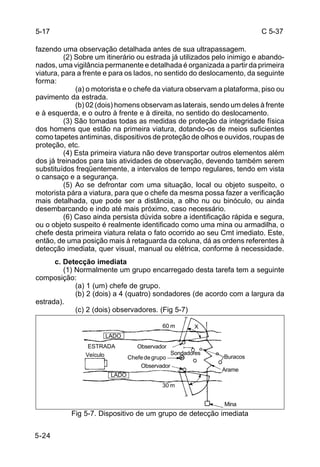 C 5-37 
fazendo uma observação detalhada antes de sua ultrapassagem. 
5-24 
(2) Sobre um itinerário ou estrada já utilizados pelo inimigo e abando-nados, 
uma vigilância permanente e detalhada é organizada a partir da primeira 
viatura, para a frente e para os lados, no sentido do deslocamento, da seguinte 
forma: 
(a) o motorista e o chefe da viatura observam a plataforma, piso ou 
pavimento da estrada. 
(b) 02 (dois) homens observam as laterais, sendo um deles à frente 
e à esquerda, e o outro à frente e à direita, no sentido do deslocamento. 
(3) São tomadas todas as medidas de proteção da integridade física 
dos homens que estão na primeira viatura, dotando-os de meios suficientes 
como tapetes antiminas, dispositivos de proteção de olhos e ouvidos, roupas de 
proteção, etc. 
(4) Esta primeira viatura não deve transportar outros elementos além 
dos já treinados para tais atividades de observação, devendo também serem 
substituídos freqüentemente, a intervalos de tempo regulares, tendo em vista 
o cansaço e a segurança. 
(5) Ao se defrontar com uma situação, local ou objeto suspeito, o 
motorista pára a viatura, para que o chefe da mesma possa fazer a verificação 
mais detalhada, que pode ser a distância, a olho nu ou binóculo, ou ainda 
desembarcando e indo até mais próximo, caso necessário. 
(6) Caso ainda persista dúvida sobre a identificação rápida e segura, 
ou o objeto suspeito é realmente identificado como uma mina ou armadilha, o 
chefe desta primeira viatura relata o fato ocorrido ao seu Cmt imediato. Este, 
então, de uma posição mais à retaguarda da coluna, dá as ordens referentes à 
detecção imediata, quer visual, manual ou elétrica, conforme à necessidade. 
c. Detecção imediata 
(1) Normalmente um grupo encarregado desta tarefa tem a seguinte 
composição: 
(a) 1 (um) chefe de grupo. 
(b) 2 (dois) a 4 (quatro) sondadores (de acordo com a largura da 
estrada). 
(c) 2 (dois) observadores. (Fig 5-7) 
LADO 
ESTRADA 
Buracos 
Arame 
60 m X 
Observador 
Chefe de grupo 
Fig 5-7. Dispositivo de um grupo de detecção imediata 
5-17 
Veículo 
LADO 
30 m 
Mina 
Observador 
Sondadores 
 