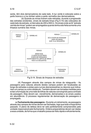 C 5-37 
5-19 
saída, têm dois demarcadores de cada lado. A luz verde é colocada sobre a 
parte branca e a luz âmbar sobre a parte vermelha dos demarcadores. 
PERIGO 
ARMADILHAS 
5-32 
(b) Quando as minas tiverem sido retiradas, durante a progressão 
das estradas existentes, sinais de estrada limpa (Fig 5-14) são colocados de 
cada lado da estrada, a intervalos de 200 a 500 m. Os sinais onde se lê “estrada 
varrida de minas” podem ser empregados quando tenha sido feita somente uma 
limpeza sumária das minas. 
PERIGO 
SÓ A CHAPA DE RODAGEM 
LIMPA DE MINAS 
NOS 10 km SEGUINTES 
VERMELHO 
PERIGO 
MINAS NOS 
2 LADOS DA ESTRADA 
CHAPA DE RODAGEM E 
ACOSTAMENTOS LIMPOS DE MINAS 
NOS 5 km SEGUINTES 
VERMELHO 
PASSAGEM 
SEGURA 
VERMELHO 
Fig 5-14. Sinais de limpeza de estradas 
PERIGO 
MINAS 
VERMELHO 
(4) Passagem através dos campos de minas da retaguarda - As 
passagens para viaturas através destes campos podem ser localizadas ao 
longo de estradas e pistas para curvas desnecessárias ou desvios que indica-riam 
um campo ou outro obstáculo. Também devem ser tomadas medidas para 
evitar a formação de uma rede de trilhas de viaturas convergindo para a entrada 
da passagem. Elas devem ser, visivelmente, demarcadas e os sinais usados 
em abundância. O processo regulamentar de demarcação de passagens é 
empregado. 
e. Fechamento das passagens - Durante um retraimento, as passagens 
através dos campos de minas devem ser fechadas, logo que toda a tropa tenha 
passado. O plano de defesa deve ter sido perfeitamente compreendido pela 
unidade responsável pelo fechamento. Ordens preparatórias devem ser dadas 
a essa unidade, de forma que o trabalho possa ser feito rápido e eficientemente. 
 