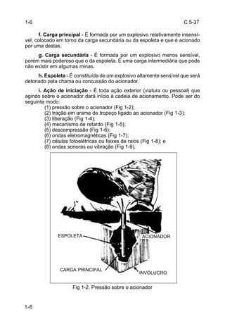 C 5-37 
1-6 
f. Carga principal - É formada por um explosivo relativamente insensí-vel, 
colocado em torno da carga secundária ou da espoleta e que é acionado 
por uma destas. 
g. Carga secundária - É formada por um explosivo menos sensível, 
porém mais poderoso que o da espoleta. É uma carga intermediária que pode 
não existir em algumas minas. 
h. Espoleta - É constituída de um explosivo altamente sensível que será 
detonado pela chama ou concussão do acionador. 
i. Ação de iniciação - É toda ação exterior (viatura ou pessoal) que 
agindo sobre o acionador dará início à cadeia de acionamento. Pode ser do 
seguinte modo: 
(1) pressão sobre o acionador (Fig 1-2); 
(2) tração em arame de tropeço ligado ao acionador (Fig 1-3); 
(3) liberação (Fig 1-4); 
(4) mecanismo de retardo (Fig 1-5); 
(5) descompressão (Fig 1-6); 
(6) ondas eletromagnéticas (Fig 1-7); 
(7) células fotoelétricas ou feixes de raios (Fig 1-8); e 
(8) ondas sonoras ou vibração (Fig 1-9). 
ESPOLETA ACIONADOR 
Fig 1-2. Pressão sobre o acionador 
1-6 
CARGA PRINCIPAL INVÓLUCRO 
 