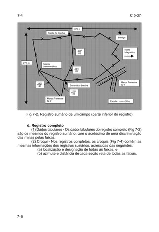 C 5-37 
7-4 
 
 
 
 
 
 
 
 
 
 
 
 
 
 
 
 
 
 
 
 
 
 
7-6 
Marca Terrestre 
Nr 1 
Escala: 1cm = 50m 
Marca Terrestre 
Nr 2 
370 m 
Fig 7-2. Registro sumário de um campo (parte inferior do registro) 
d. Registro completo 
(1) Dados tabulares - Os dados tabulares do registro completo (Fig 7-3) 
são os mesmos do registro sumário, com o acréscimo de uma discriminação 
das minas pelas faixas. 
(2) Croqui - Nos registros completos, os croquis (Fig 7-4) contêm as 
mesmas informações dos registros sumários, acrescidas das seguintes: 
(a) localização e designação de todas as faixas; e 
(b) azimute e distância de cada seção reta de todas as faixas. 
270 m 
X 
X 
X X X 
X 
X 
X 
X 
X 
Saída da brecha 
Entrada da brecha 
277º 
120 
242º 
140 
261º 
163 
291º 
112 
Marca 
intermediária 
Inimigo 
Norte 
Magnético 
 