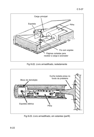 C 5-37 
8-22 
Carga principal 
Espoleta Pilha 
Fio com argolas 
Páginas cortadas para 
receber a carga e acionador 
Fig 8-22. Livro armadilhado, isoladamente 
Bloco de demolição 
Espoleta elétrica 
Cunha isolada presa no 
fundo da prateleira 
Pilha 
Fig 8-23. Livro armadilhado, em estantes (perfil) 
 