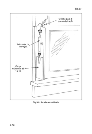 C 5-37 
9-12 
Orifício para o 
arame de tração 
Fig 9-8. Janela armadilhada 
Acionador de 
liberação 
Carga 
explosiva de 
1,2 kg 
 