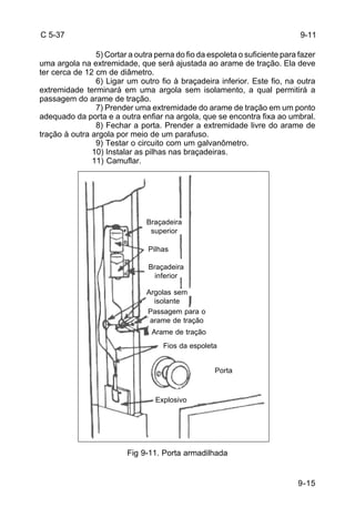 9-15 
C 5-37 
5) Cortar a outra perna do fio da espoleta o suficiente para fazer 
uma argola na extremidade, que será ajustada ao arame de tração. Ela deve 
ter cerca de 12 cm de diâmetro. 
6) Ligar um outro fio à braçadeira inferior. Este fio, na outra 
extremidade terminará em uma argola sem isolamento, a qual permitirá a 
passagem do arame de tração. 
7) Prender uma extremidade do arame de tração em um ponto 
adequado da porta e a outra enfiar na argola, que se encontra fixa ao umbral. 
8) Fechar a porta. Prender a extremidade livre do arame de 
tração à outra argola por meio de um parafuso. 
9) Testar o circuito com um galvanômetro. 
10) Instalar as pilhas nas braçadeiras. 
11) Camuflar. 
Braçadeira 
superior 
Fig 9-11. Porta armadilhada 
9-11 
Pilhas 
Braçadeira 
inferior 
Argolas sem 
isolante 
Passagem para o 
arame de tração 
Arame de tração 
Fios da espoleta 
Porta 
Explosivo 
 
