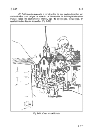 9-17 
C 5-37 
(5) Edifícios de alvenaria e construções de aço podem também ser 
armadilhados com cargas de retardo. A dificuldade de instalação depende 
muitas vezes do acabamento interior, tipo de decoração, tubulações, ar 
condicionado e tipo de assoalho. (Fig 9-14) 
Fig 9-14. Casa armadilhada 
9-11 
 